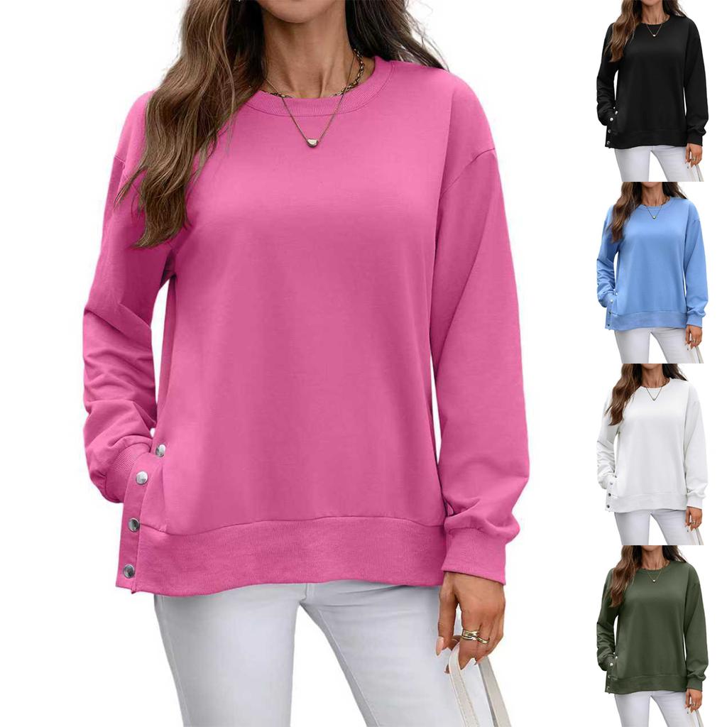 Women's Fashionable Round Neck Long Sleeved Solid Color Button Hem Slit Casual Hoodie Top