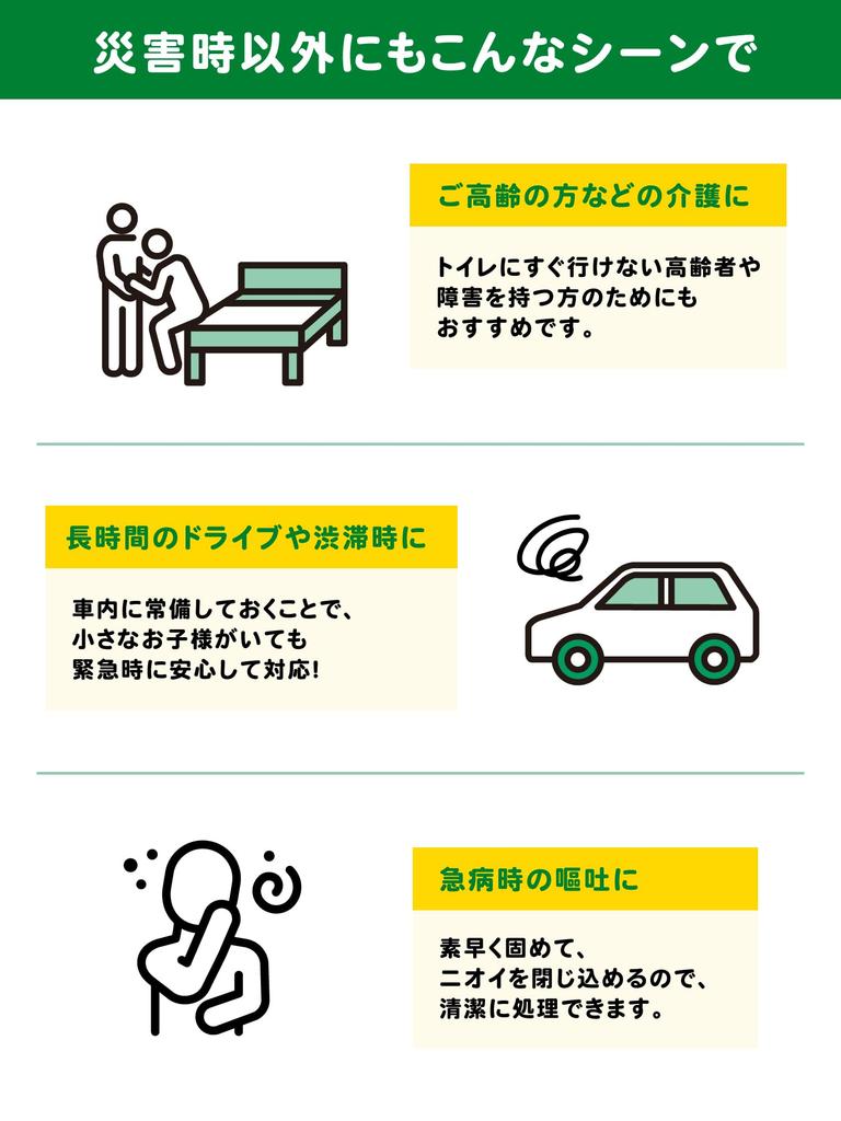 Made in Japan by a disaster prevention specialist. This portable emergency toilet pack contains 50 uses, comes in 5 individual bags, and has a
