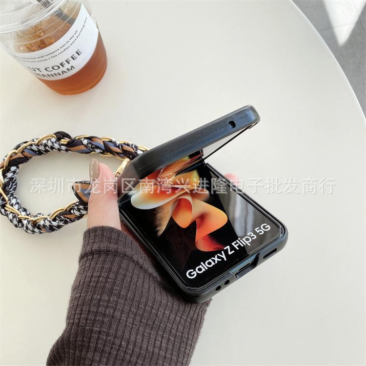 Applicable To Samsung ZFlip3 Plaid Leather Folding Mobile Phone Case ZFlip4 Portable Rope Silk Scarf Back Cover Case Protective Case