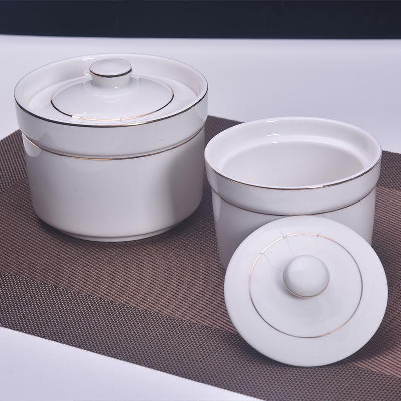 Gold-Trimmed Ceramic Water-Bath Stew Pot with Lid - Includes Egg Steaming and Bird's Nest Bowls, Round Soup Cooker for Home or Hotel Use.