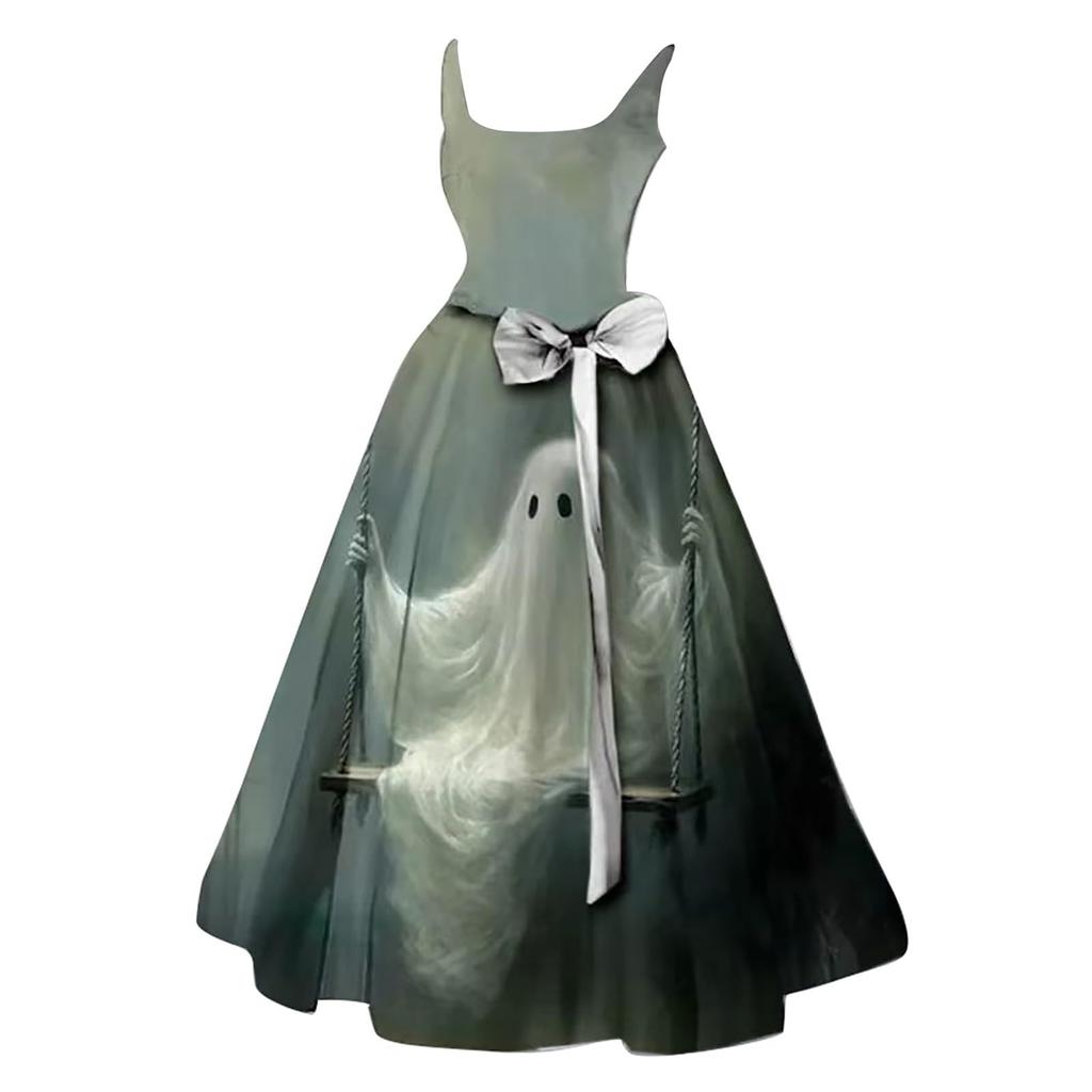 Maxi Abito da Donna Oversize con Stampa di Halloween - Collo Senza Maniche Casual Lungo per Feste