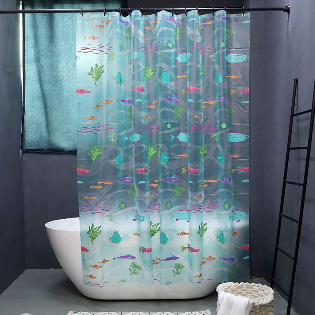 Underwater World Fish Shower Curtain, Ocean Tropical Fish Shower Curtains, Waterproof Transparent EVA Bathroom Decor Set with Hooks, Cute Shower