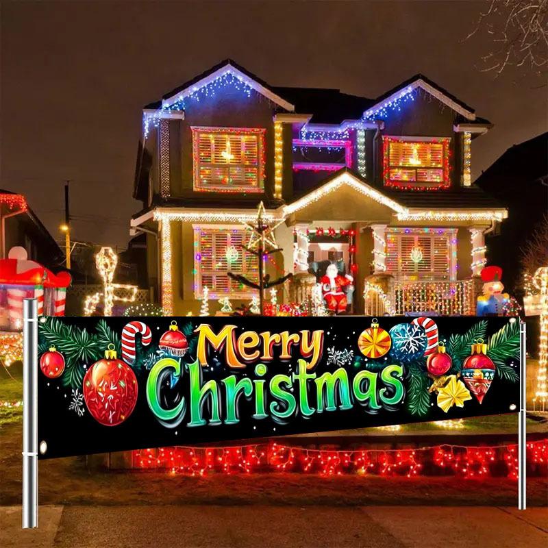 Merry Xmas Merry Christmas Decorative Banner, Outdoor Garden Fence Holiday Party Decor