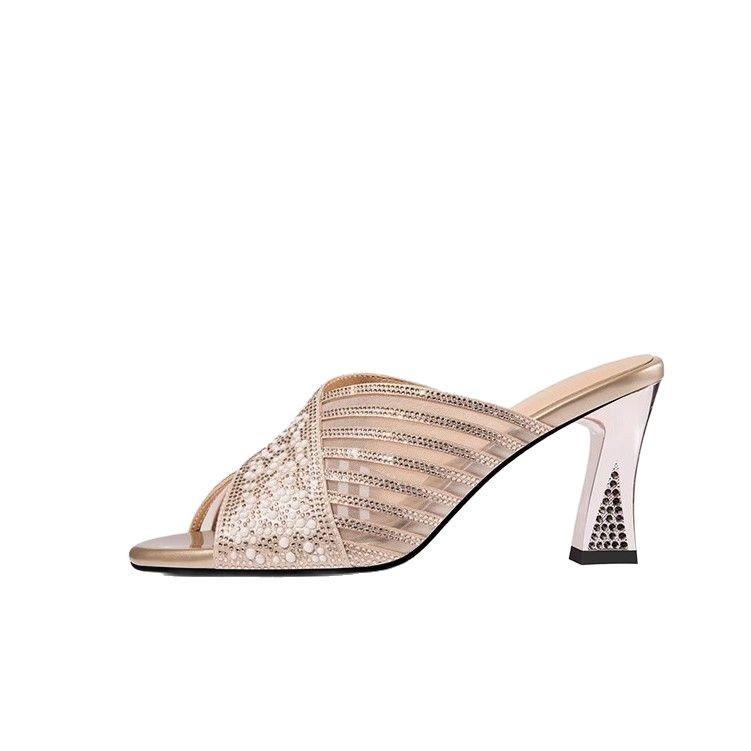 Pearl Rhinestone High Heel Cool Slippers Women's Summer Wear Fashion Thick Heel 2026 New Breathable Mesh Hollow One-word Drag