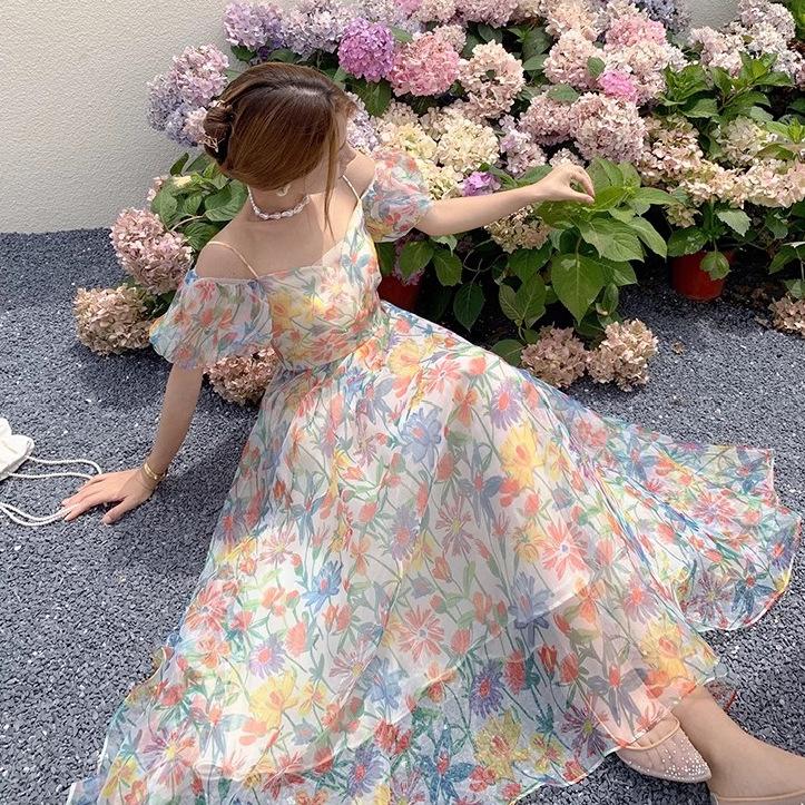 Sense floral dress summer vacation wind beach skirt backless design birthday dress skirt