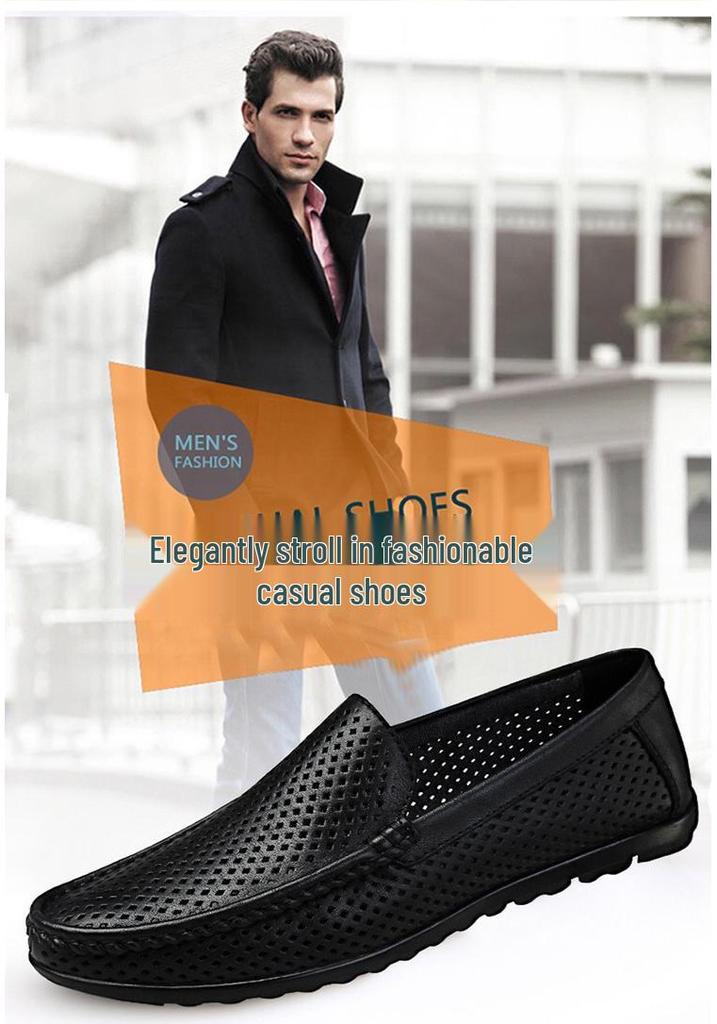 Men's Hollow Leather Slip-On Loafers - Breathable, Summer, Low-Top Flats, Large Size Cowhide Casual Shoes