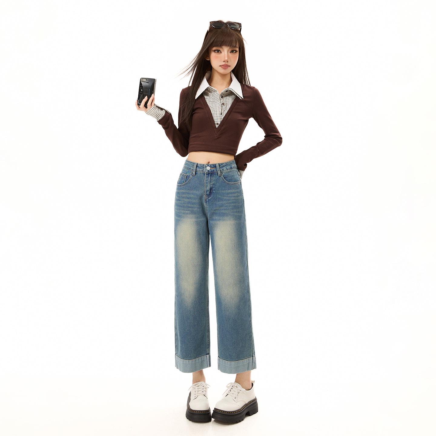 Women s 2026 Summer High Waist Patchwork Straight Leg Jeans - Vintage Faded Petite Cropped Cigarette Pants L