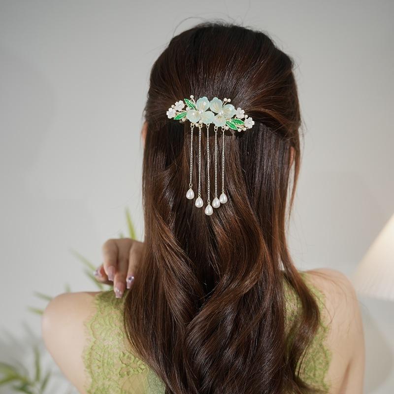 New Chinese imitation jade flower fringed hairpin antique elegant pearl half tie spring clip headdress hanfu cheongsam accessories