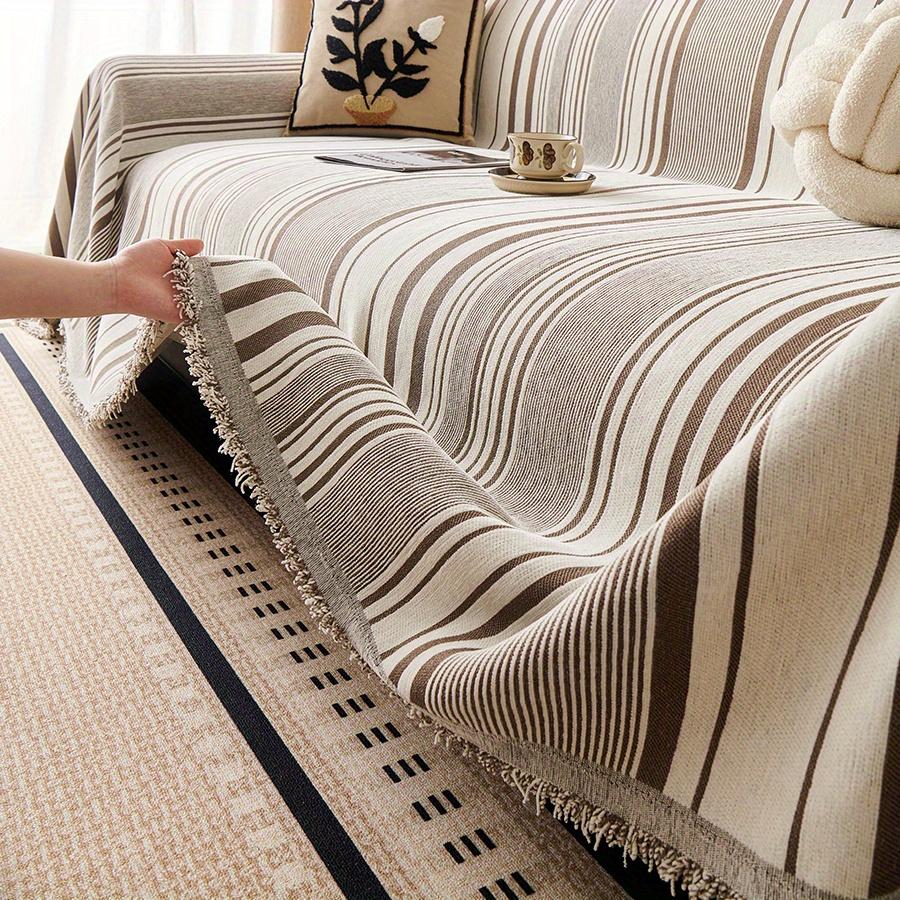 1PC Chenille Sofa Towel All-cover Coffee Striped Pattern Sofa Throw Blanket With Tassels Couch Protector Double Face Usable