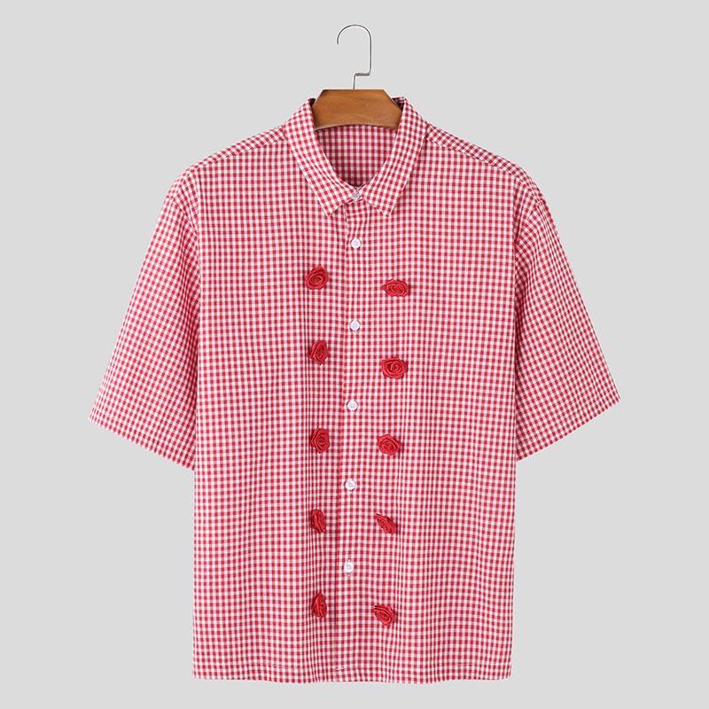 

INCERUN Men Summer Lapel Neck Short Sleeve Striped Shirts Buttons Flowers Tops M красный