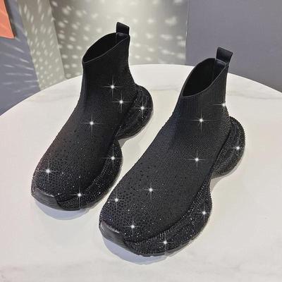 2024 Women's European High-Top Sneakers: Elastic Knit Sock Shoes with Thick Rhinestone Decor
