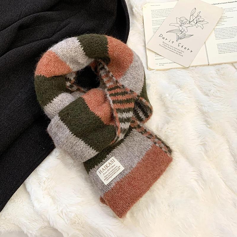 Scarf autumn and winter new college style contrasting color striped wool knitted scarf warm scarf versatile shawl