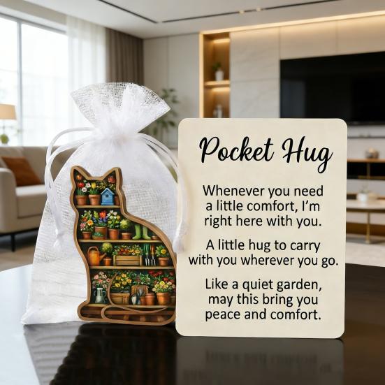 Garden Cat Pocket Hug 2D Cute Cat-Shaped Figurine with Inspirational Positive Card Pocket-Sized Comfort Keepsake for Friends Family