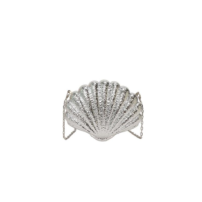 CR Women's Glamorous Shiny ABS Material Shell Shaped Evening Bag Long Metal Chain Small Hard-cased Clutch Chic Purse for Party