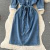 Yaz Mizaç Yaka Ekleme Denim Vintage Elbiseler