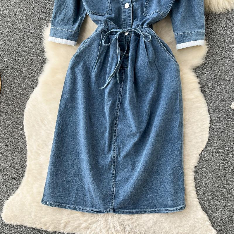 Yaz Mizaç Yaka Ekleme Denim Vintage Elbiseler