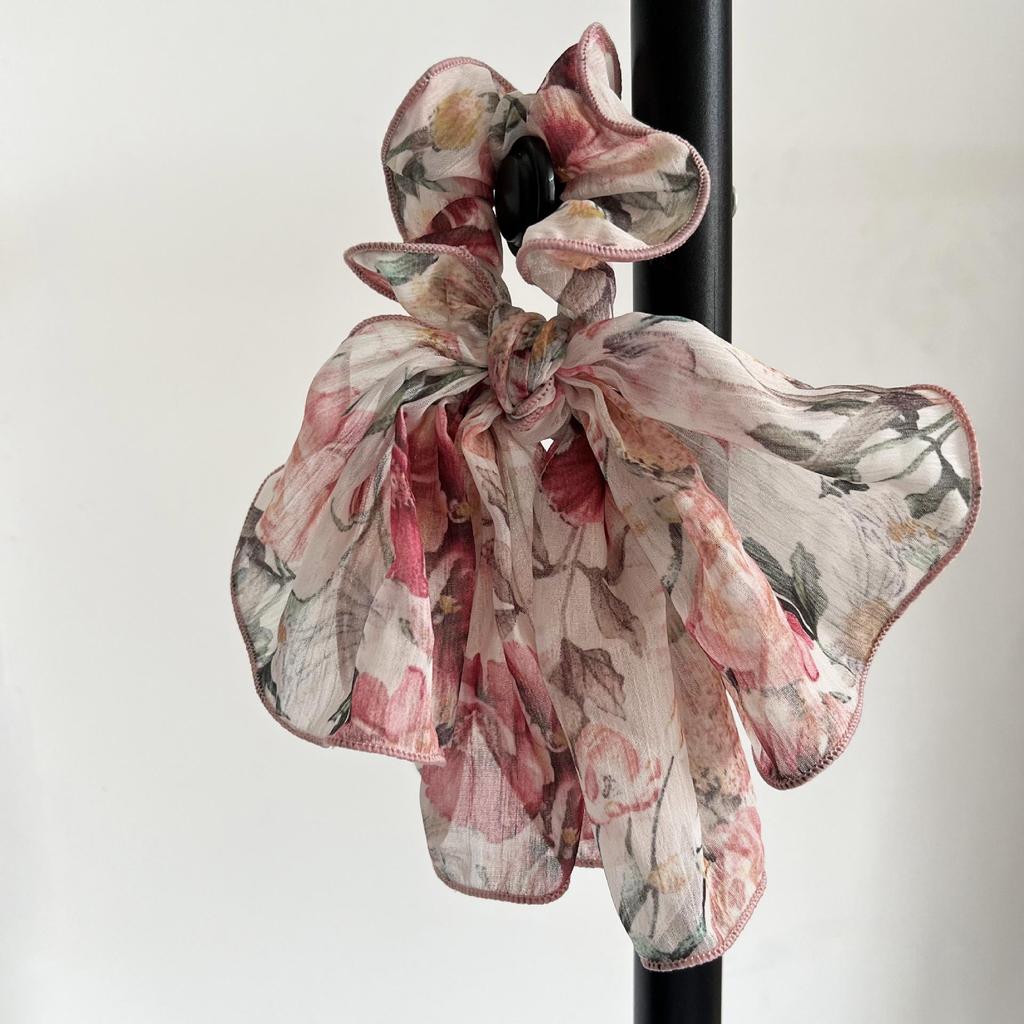 Rose Manor French Romantic Ribbon Scrunchie - Elegant Low Ponytail Hair Accessory