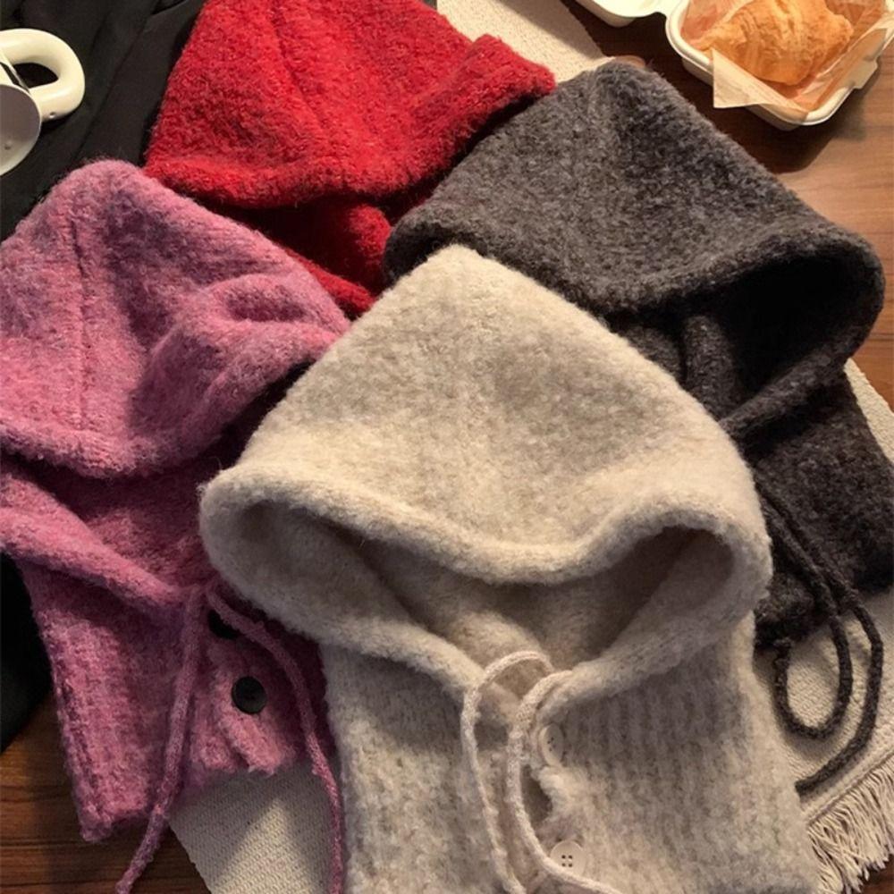 Solid color Knitted Pullover Hat Plush Windproof Cap Korean Women Winter Balaclava Outdoor