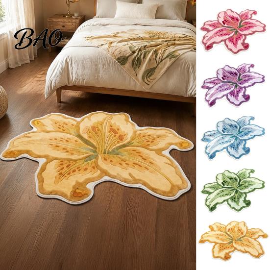 Skin Friendly Bedside Rug Lily Shape Floor Mat, Absorbent Velvet for Bathroom And Entrance, Non-slip Decorative Easy Clean Area Flower Bedroom