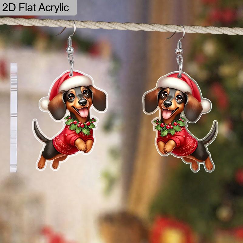 2D Flat Christmas Festival Christmas Hat Dachshund Painting Earring for Christmas Jewelry for Women Female