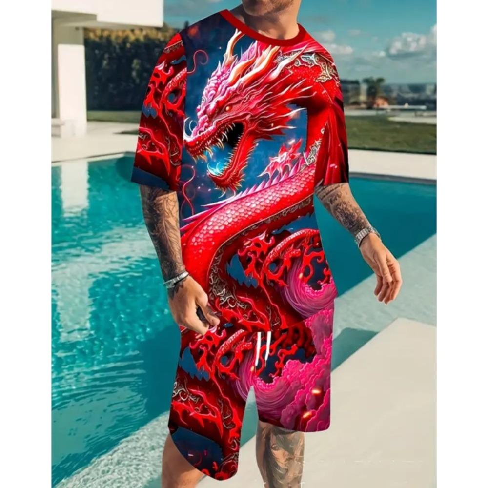 

Summer Men s Casual Home Suit 3D Lion Vintage Printed Round Neck Short Sleeve Shorts 2 Piece Drawstring Shorts Party Set XS