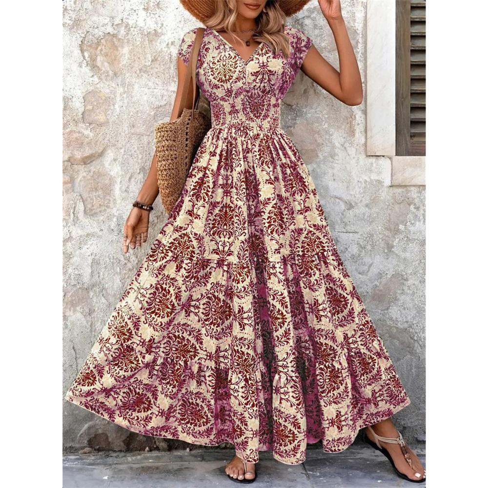 Women's short-sleeved V-neck retro printed dress Fashion elegant long dress