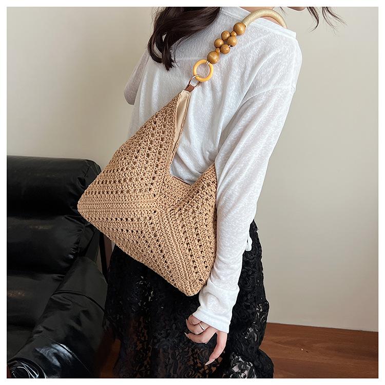 Stricktasche mit großer Kapazität Damen Sommer Neue Holzperlen Gewebte Umhängetasche Wolle Häkel-Einkaufstasche