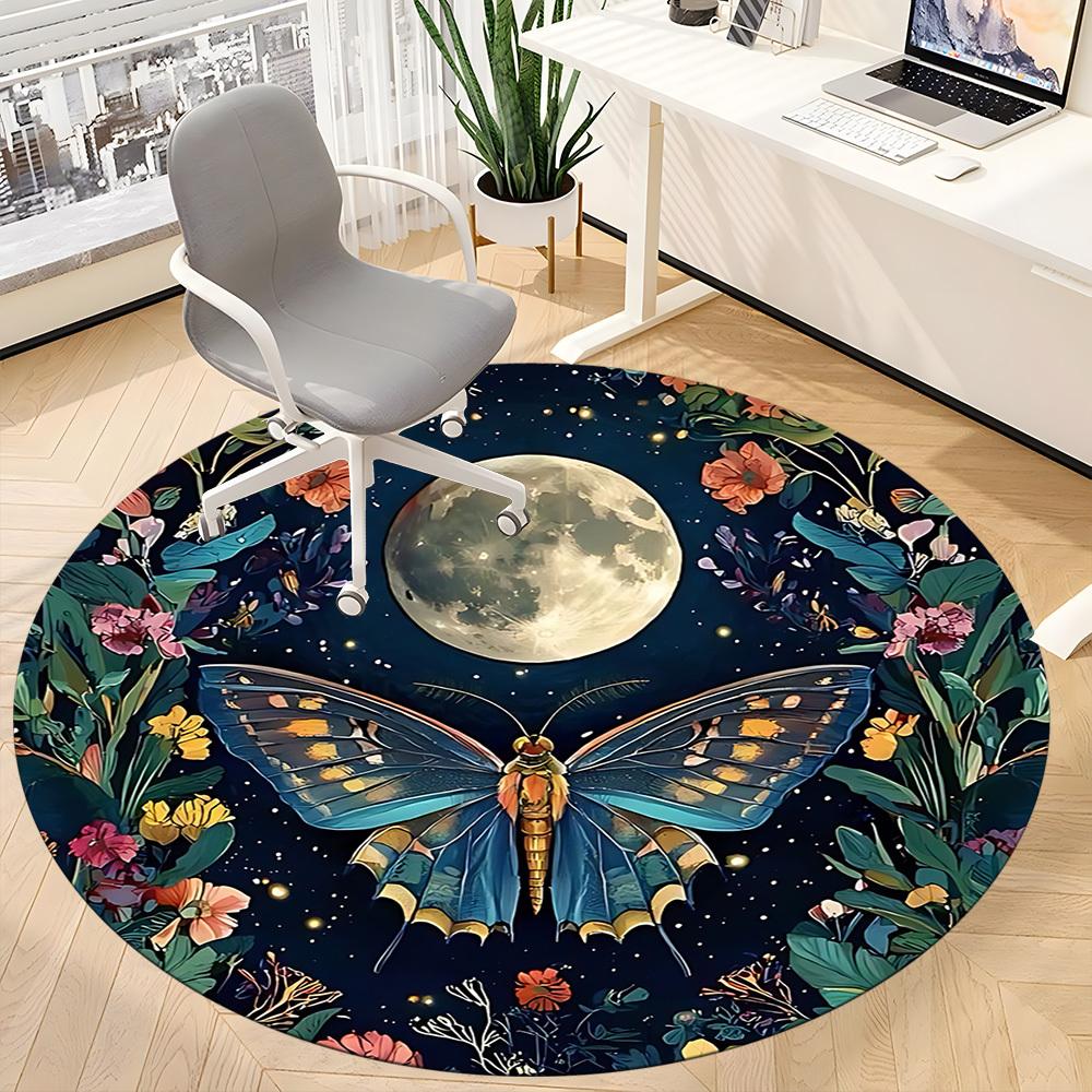 1pc Butterfly Moon Office Round Area Rug, Under Office Chairs Bedroom Living Room Home Decor, Room Deco