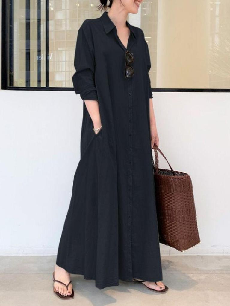 Women's Long Sleeve Shirt Dress Loose Fit Casual Long Length Shirt Dress with Collar and Side Pockets Suitable for Daily Wear