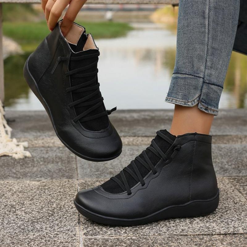 Fashion Women's Flat Single Boots Spring New Round Head Front Lacing Soft Sole Anti-slip Wear-resistant Short Boots