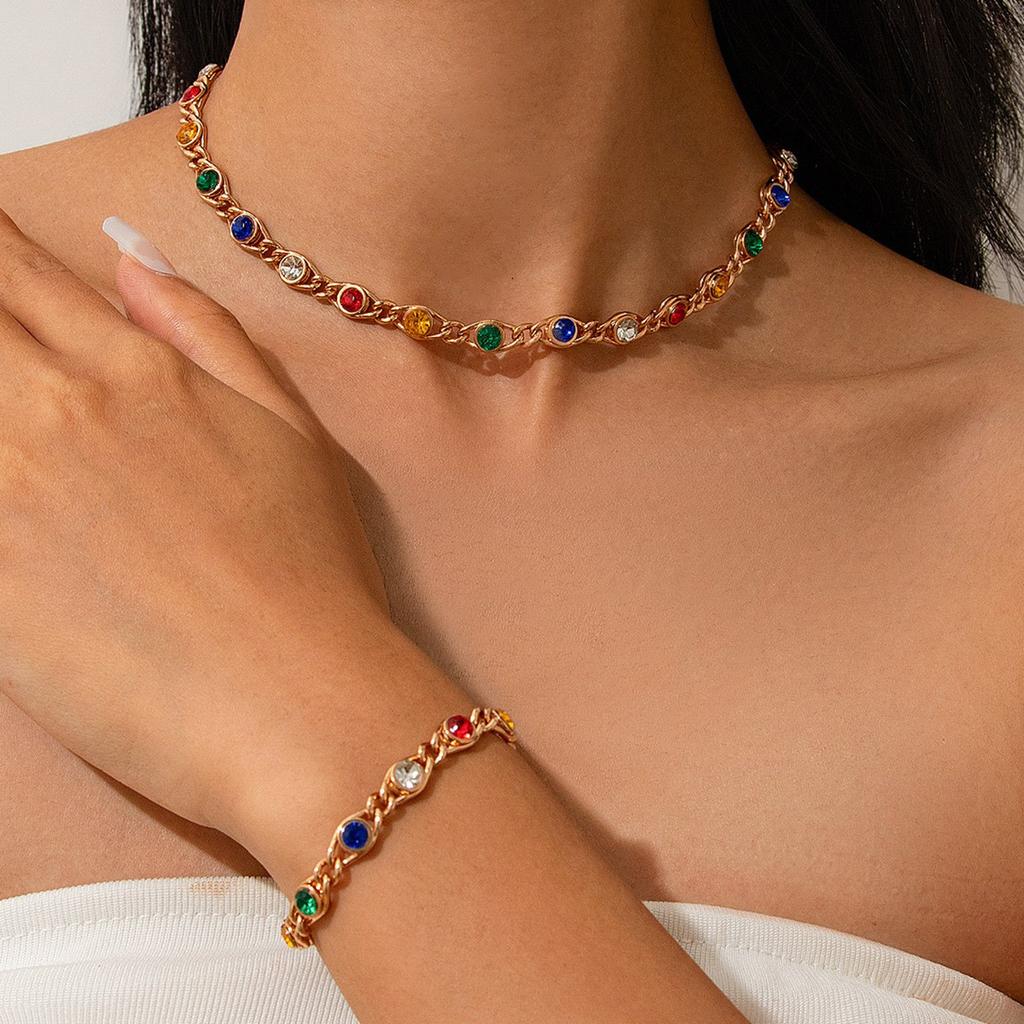 Temperament Light Luxury Colored Rhinestone Necklace Female, Sweet Cool Wind Metal Chain Choker Item Jewelry