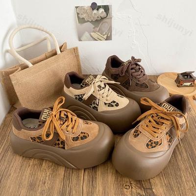Women Vulcanized Shoes Leopard Print Fashion Platform 2026 Autumn Comfortable Non Slip Outdoor Sports Shoes Lace Up Casual Shoes