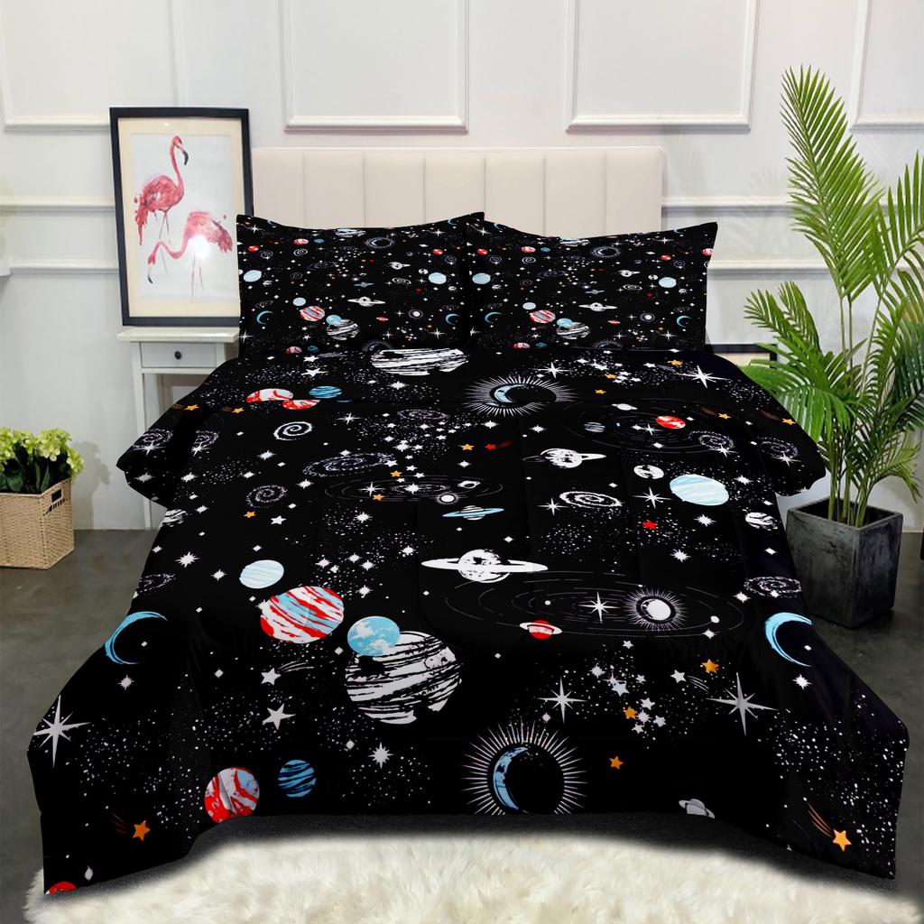Space Galaxy Astronaut Comfortable Brushed Printing Fat Quilt Feather Silk Cotton Thickened Filled Quilt Cover Three-piece Set