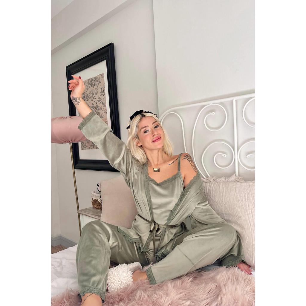 Burgundy Claret Exclusive Velvet Women's Pajama Set With Robe