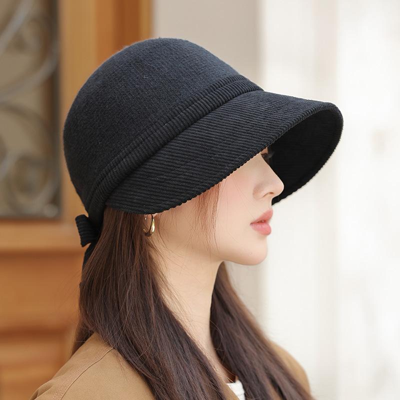 Autumn and Winter Hat Women's Big Brim Showing Face Small Bucket Hat Retro Versatile Yarmulke Hat Bow Basin Hat