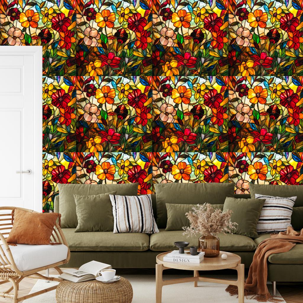 Wallpaper Stained Glass Flowers Gold, Yellow and Ochre for Living Room and Bedroom 50x1000