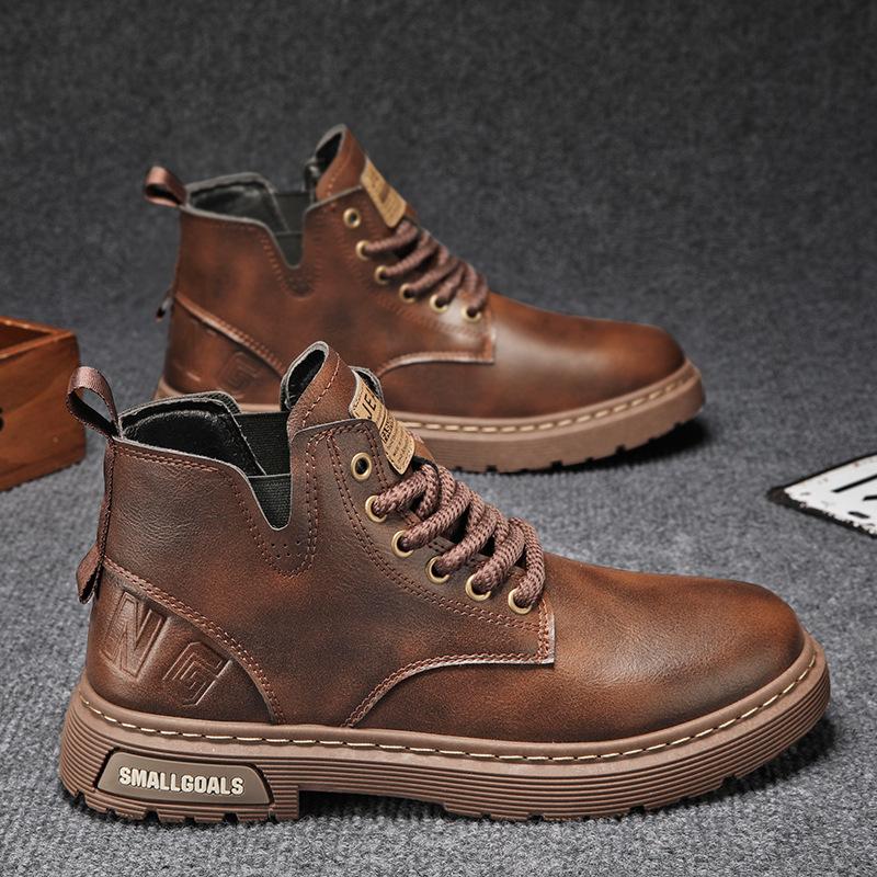 Autumn Men's Casual Short Boots High-top Lace-up Leather Martin Boots Retro