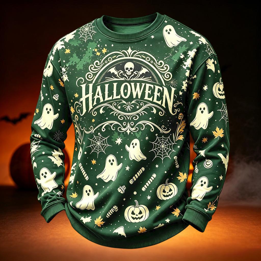Men's Casual Round Neck Long Sleeve Top with Halloween Print