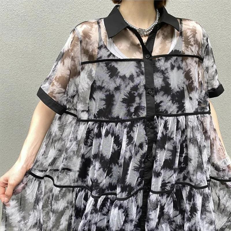 XITAO Mesh Patchwork Print Shirt Dress ZMY1248