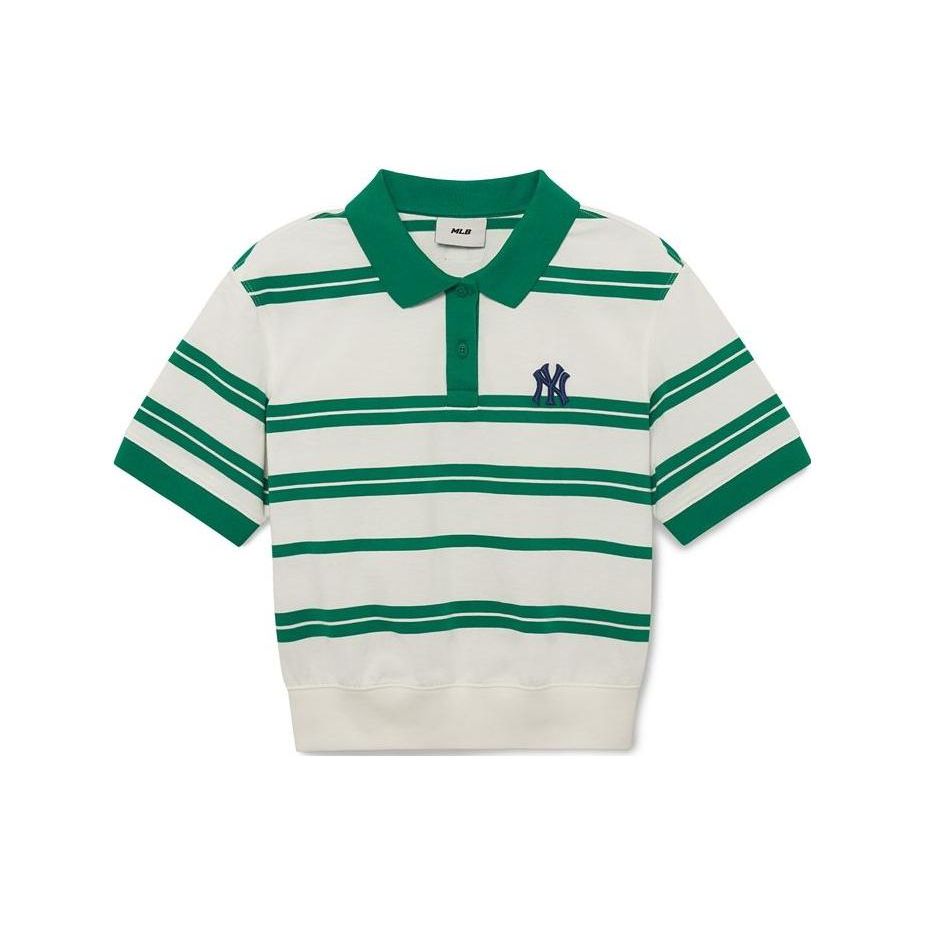 MLB SS23 New York Yankees 3D Embroidered Striped Short Sleeve Polo Shirt Women Tops Green 3FPQV0133-50GNP