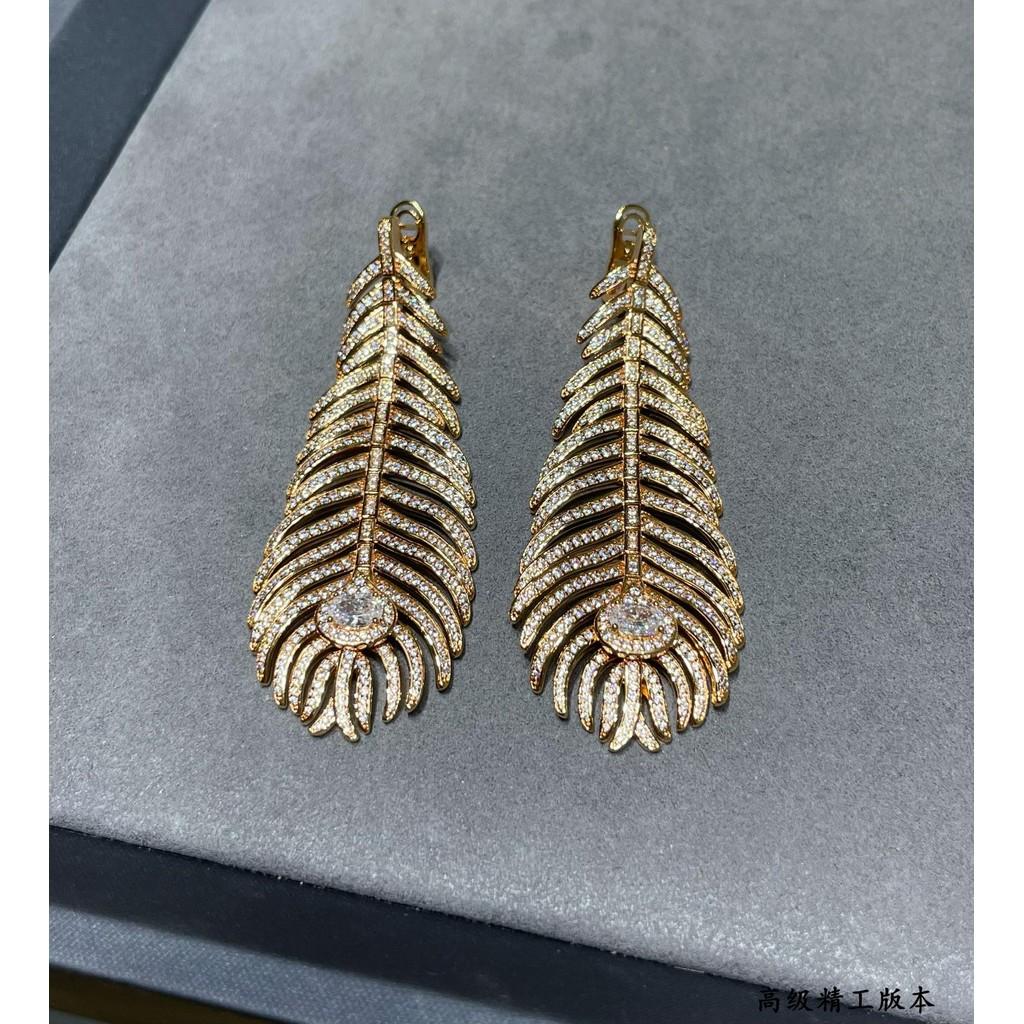 

Large feather earrings, with delicate feather shapes emitting charming radiance and aura Lucky Grass pure silver earrings+Asian gold material original rose gold