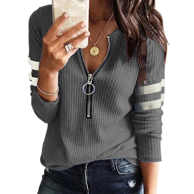 T-shirt Top da Donna a Manica Lunga con Zip e Scollo a V Splicing Taglia Grande