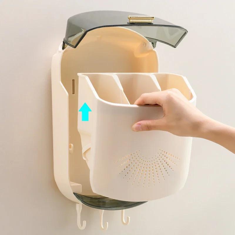 Kitchen Cutlery Storage Box Wall Mount Tableware Storage Holder with Lid Dustproof Spoon and Chopstick Organizer Drain Racks