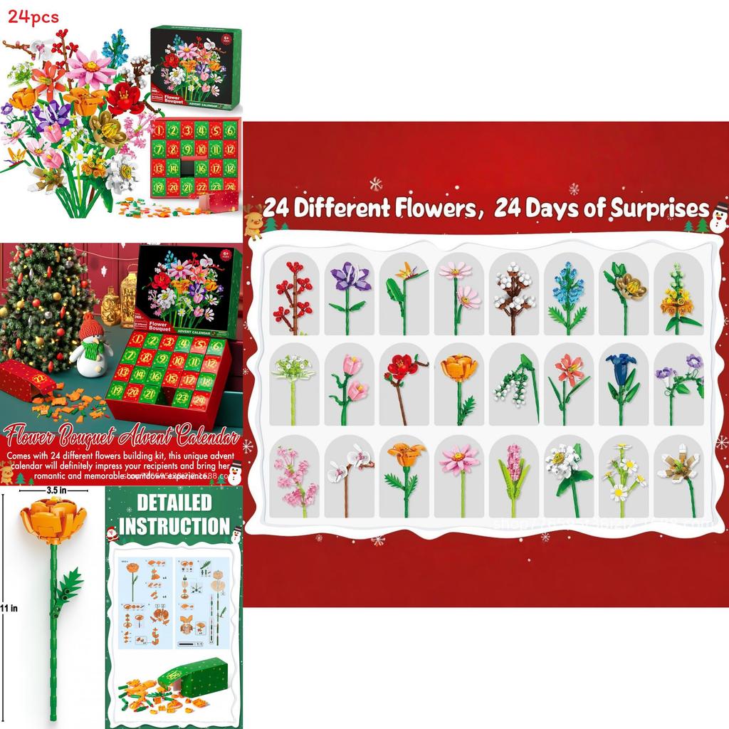 Bloemenboeket Kerstkalender met aftelfunctie en bouwstenen in een verrassingsdoos voor knutselprojecten en als kerstcadeau.