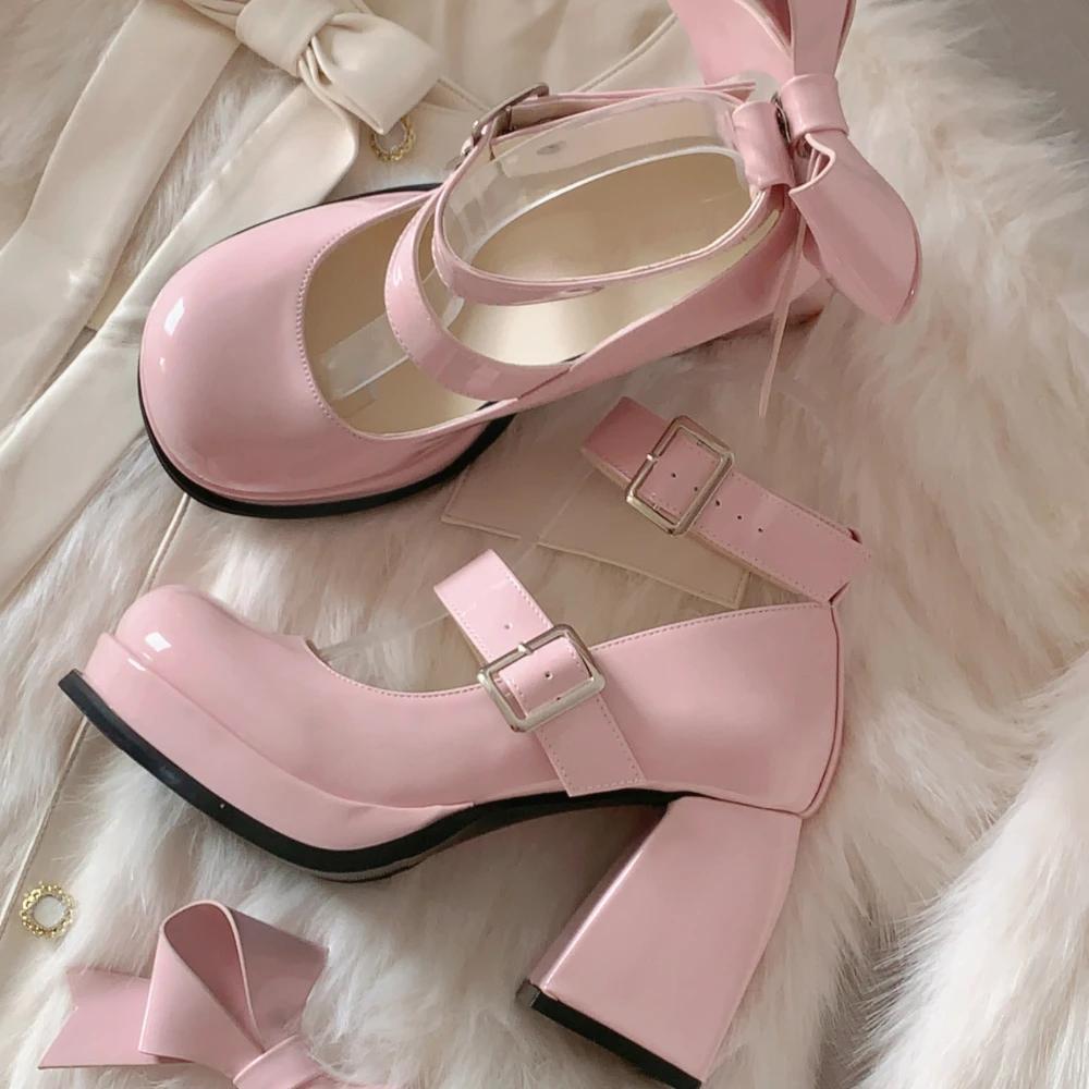 Fashion Lolita Shoes Pink Kawaii Shoes Leather Bow Platform Mary Jane Single Shoes Womens Sweet High Heels Japanese Original Pumps