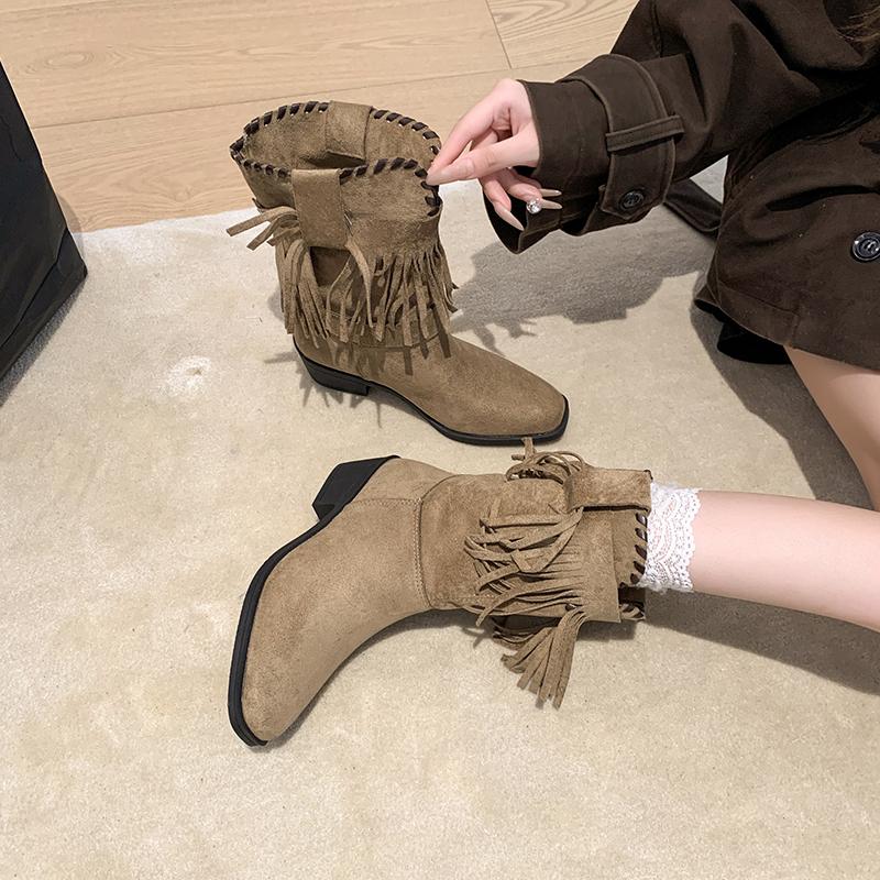 Fashion Small Man Retro Pointed Toe 2025 Women's Mid-Leg Boots Block Heel Booties