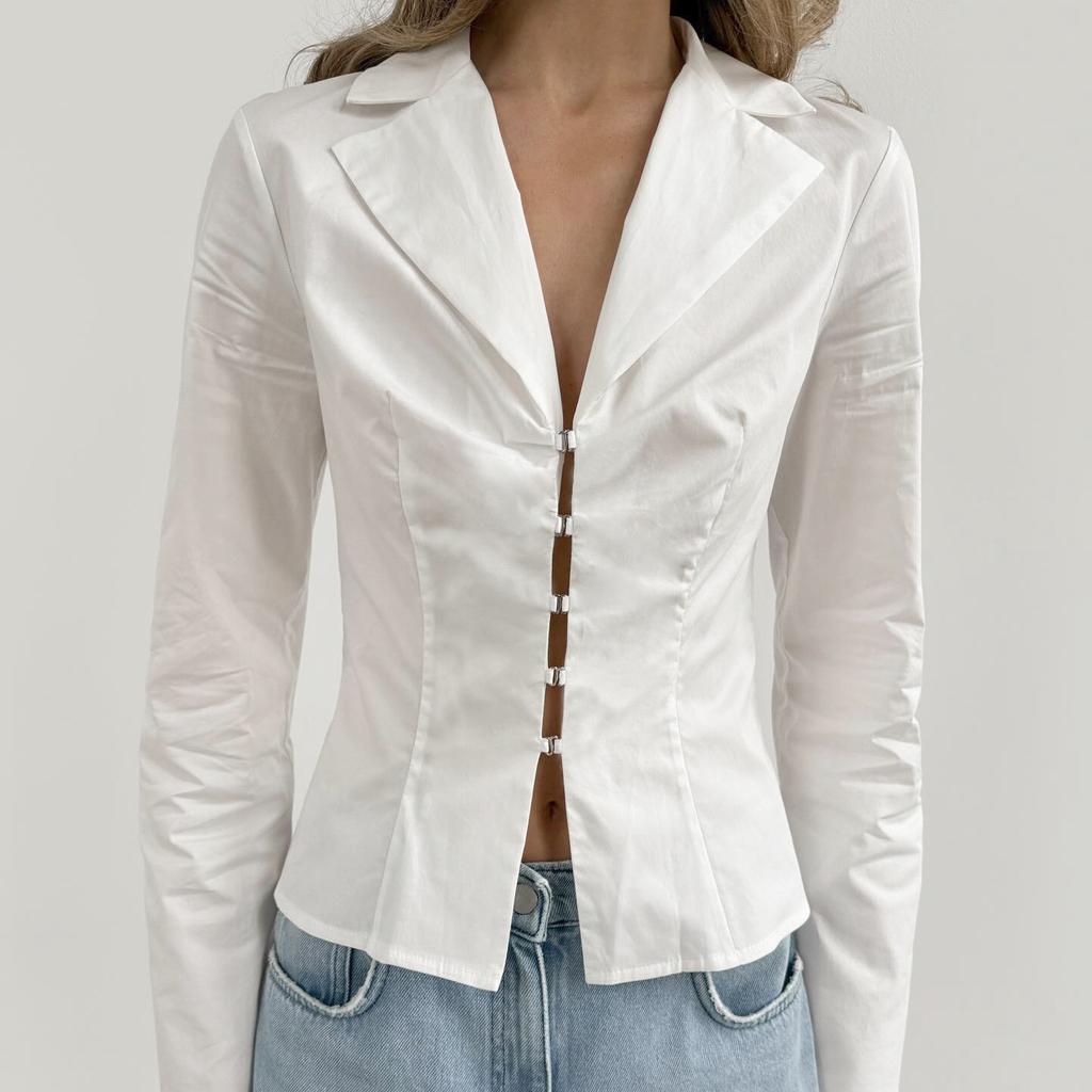 European and American design sense white cotton shirt women's 1116 new waist long-sleeved casual temperament women's top