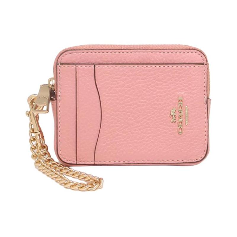 

COACH Card Case Wraparound Snap Pebbled Leather Wallet Card Holder Women s Light Red червоний