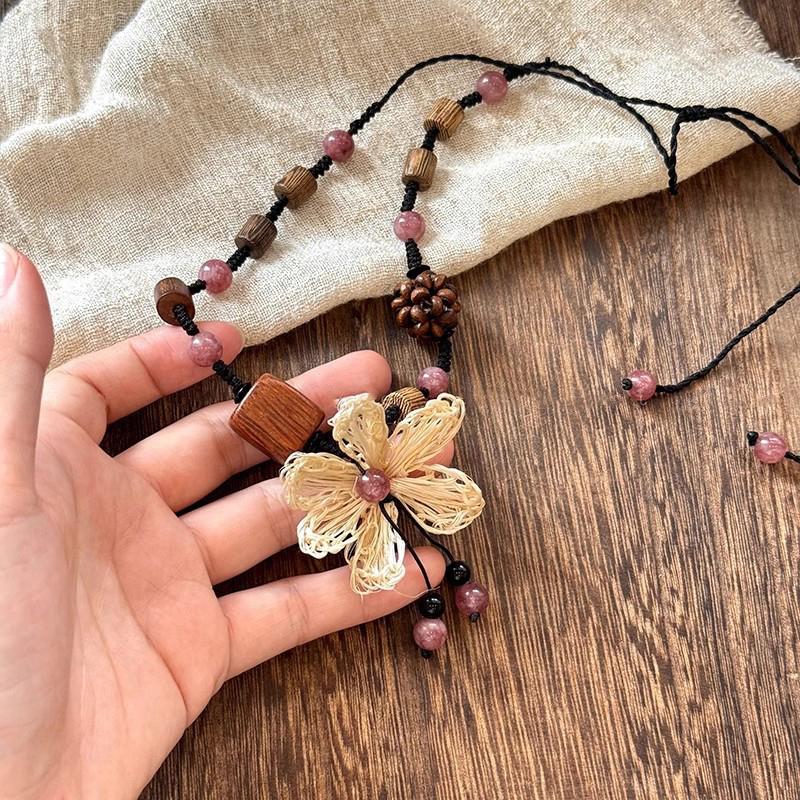 Ethnic Style Bodhi Flower Necklace For Women Girls Long Woven Flower Sweater Chain  Jewelry Accessories Birthday Gifts