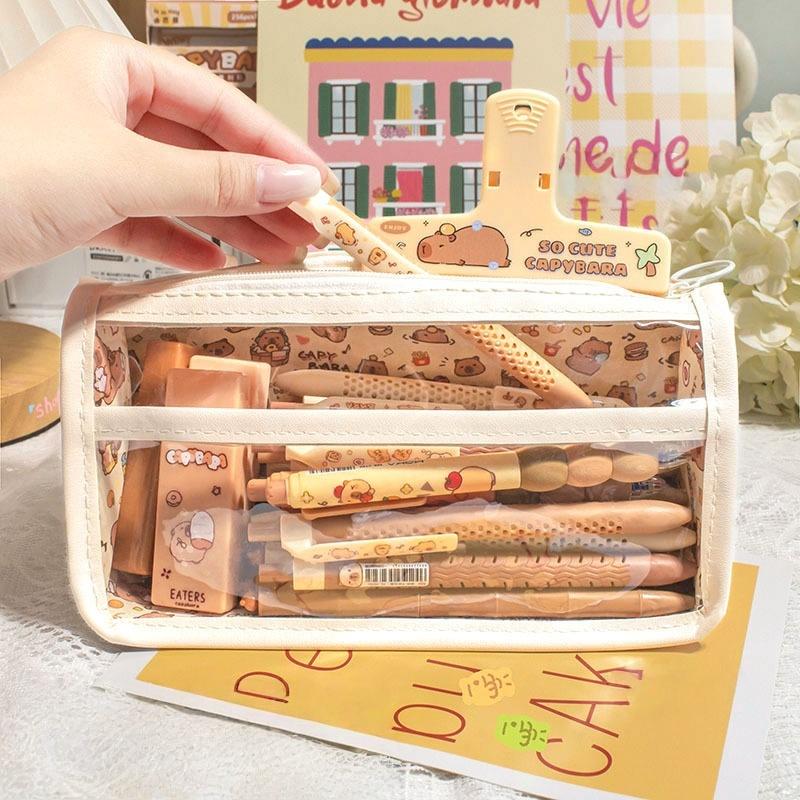 Cartoon Capybara Pencil Bag Large Capacity Storage Bags Students Pen Case Stationery Organizer Multi-Functional Makeup Bag